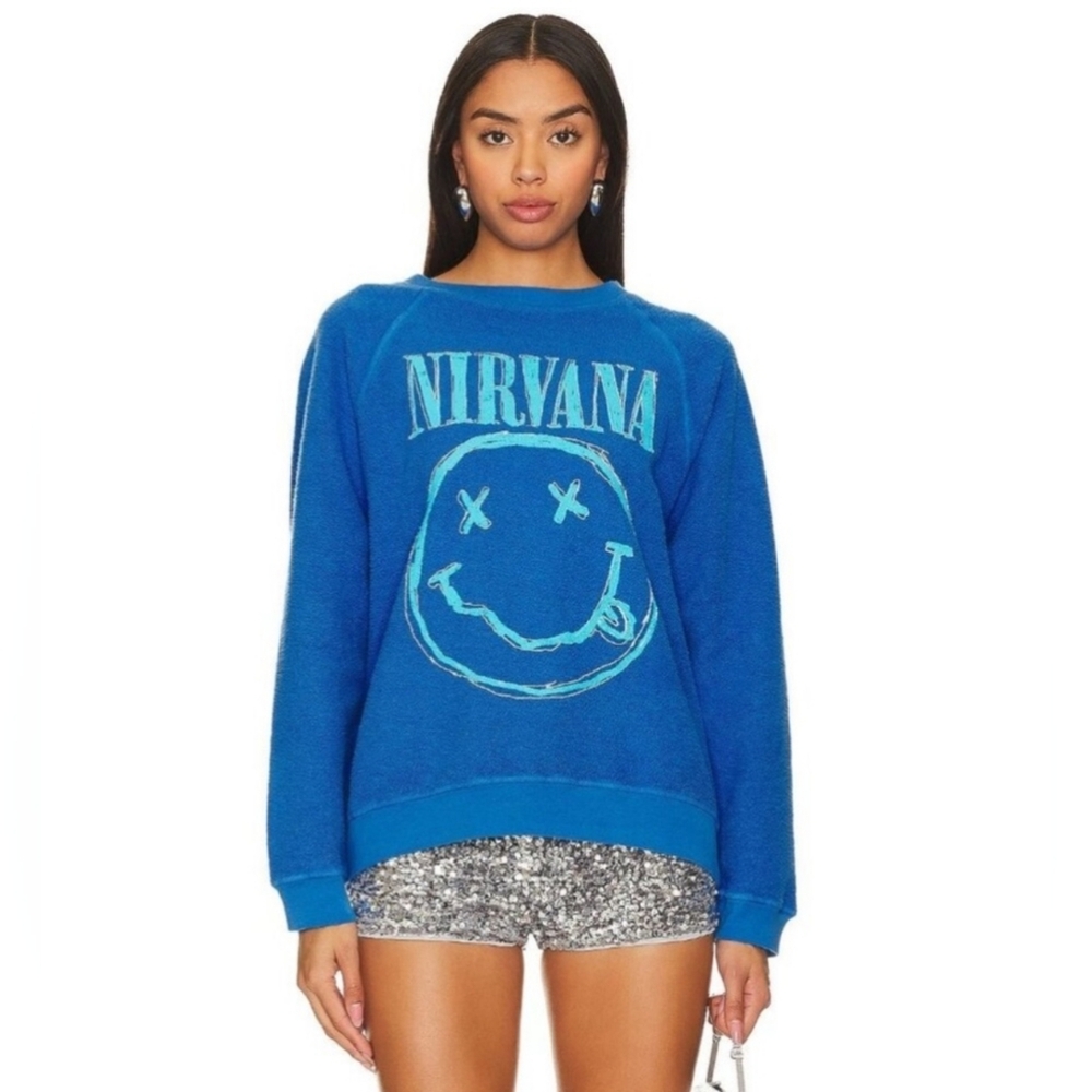 Daydreamer Nirvana Smiley Face Reverse Raglan Crew Sweater Blue Women's Size S